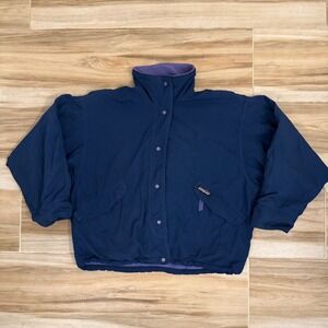Vintage Patagonia Fleece Lined Bomber Jacket Womens Small Navy Blue Made in USA